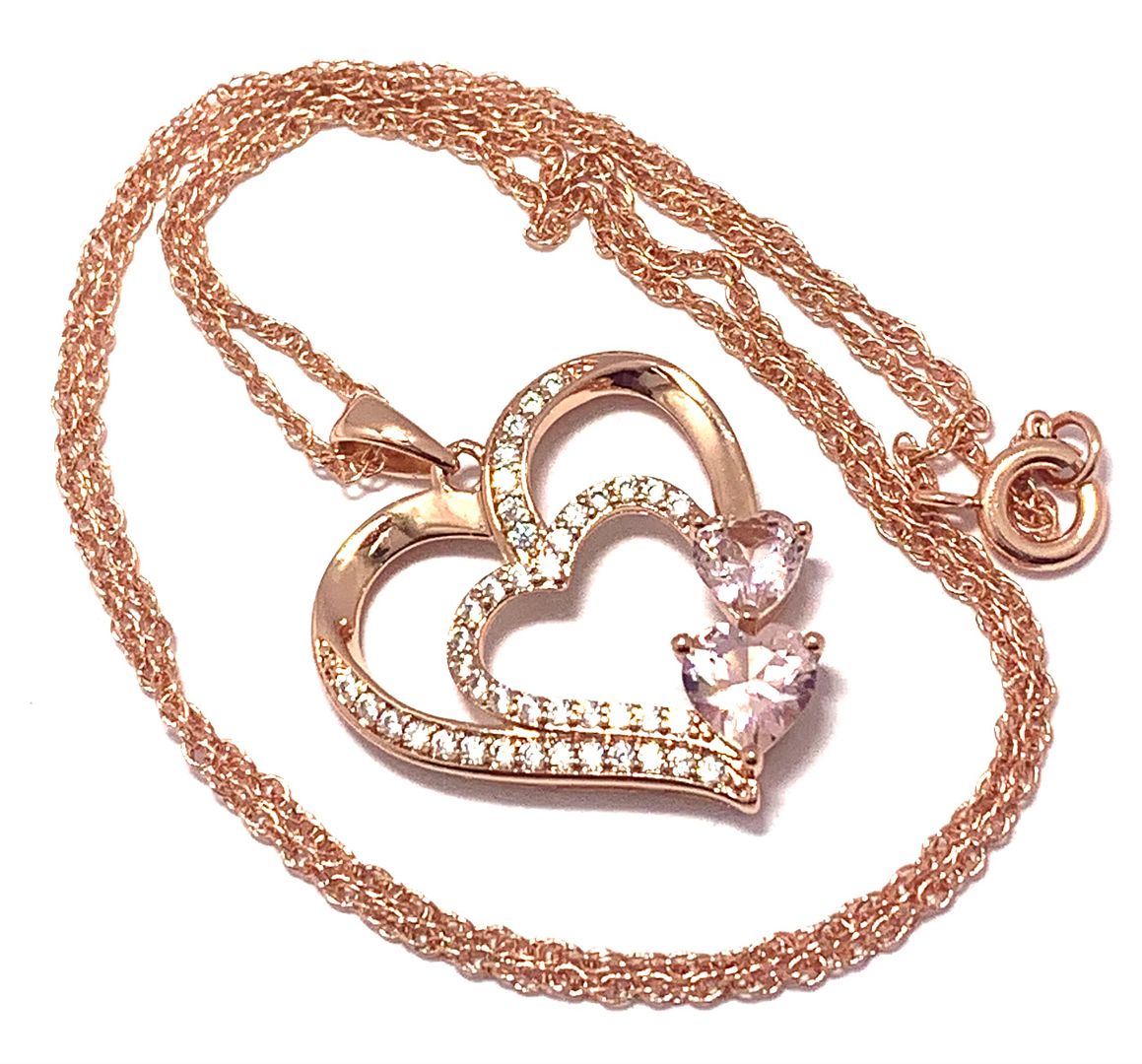 3.00ctw Pink Topaz & Diamonique Diamond Heart Necklace in 18K Gold Overlay – Designer Inspired