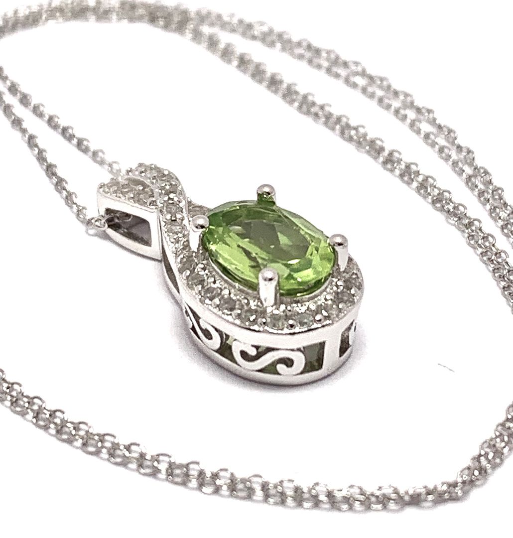 $325 Natural Peridot Necklace, 925 Sterling Silver & Diamonique Diamond