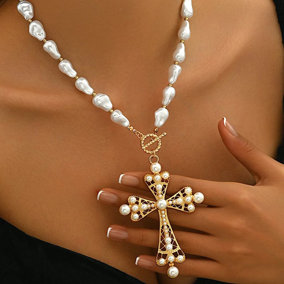 3.5"X2.5" Statement Cross Neclace - White Pearls Detailed Filigree 18k Yellow Gold Ovr