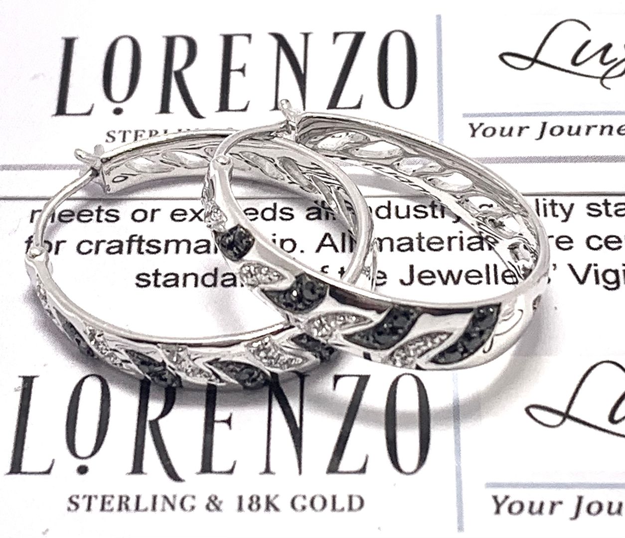 $375 COLORE SG Lorenzo 18K WG & .925 Sterling Silver 0.32ctw Genuine White & Black Zircone Hoop Earrings