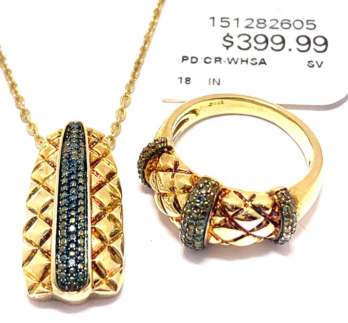 $399 .925 Sterling Silver & 18k YG 0.10ctw Genuine Blue Diamonds Ring & Necklace Set