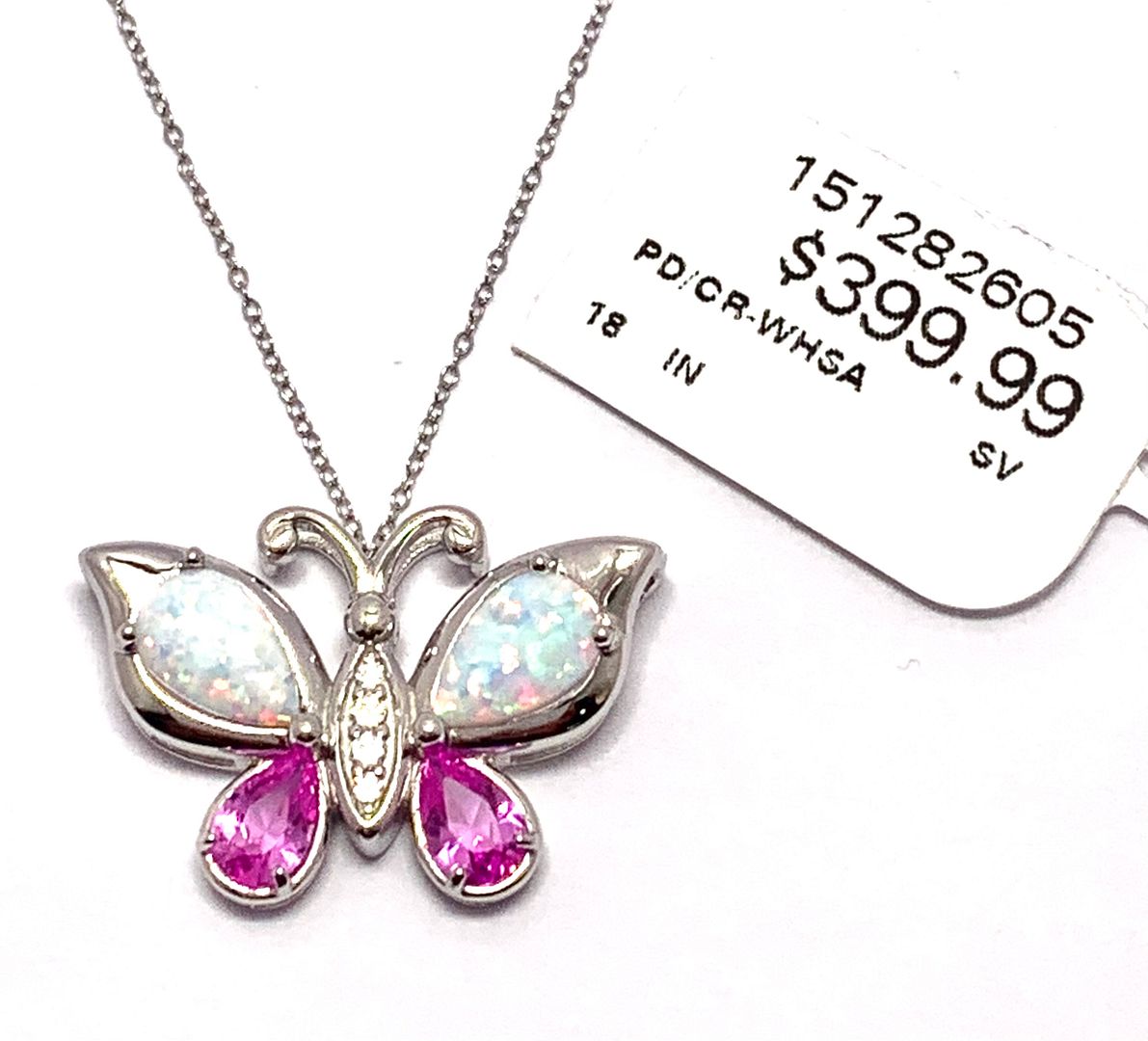 $399 Natural Opal & Pink Topaz Butterfly Necklace .925 Sterling Silver