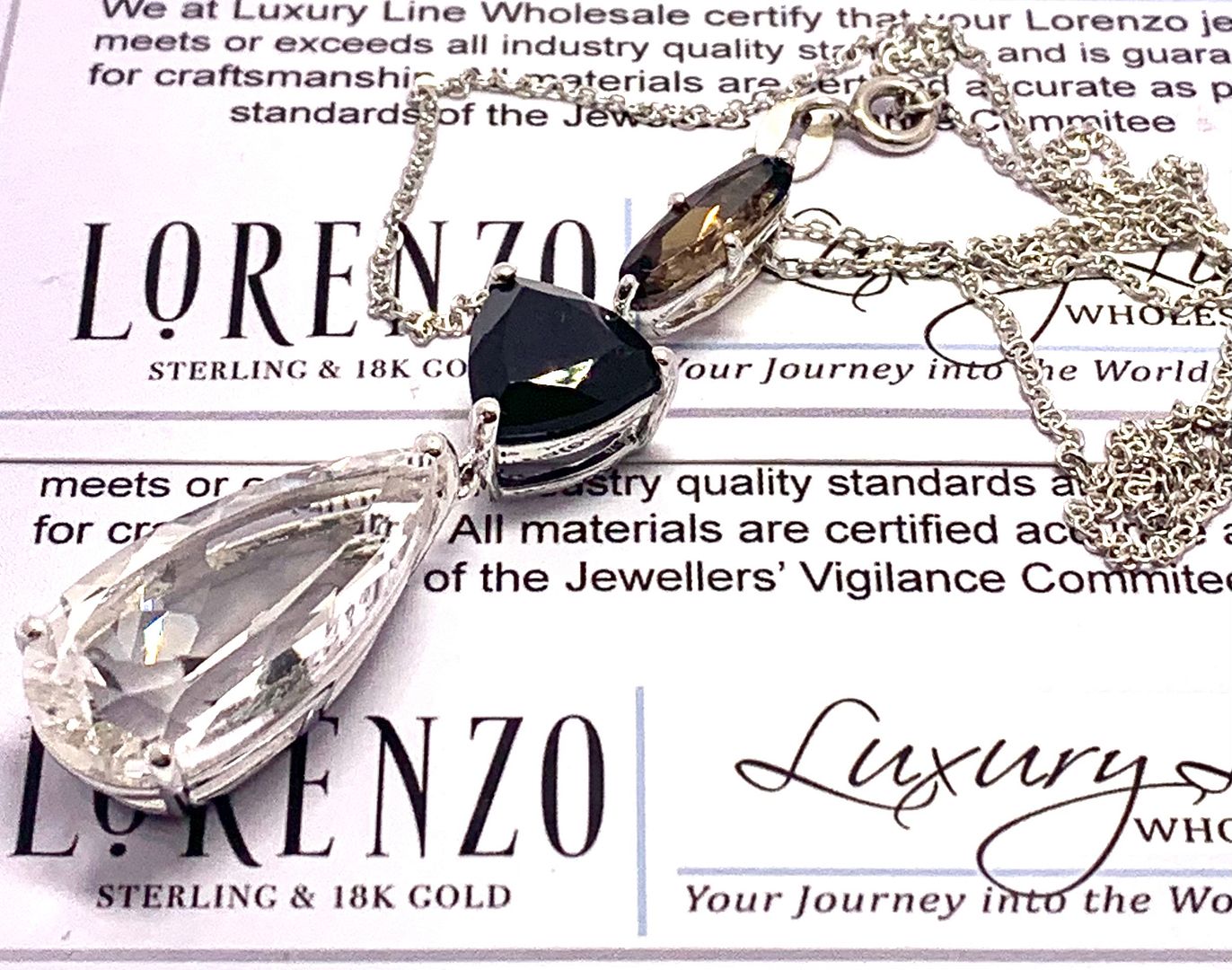 $425 COLORE SG Lorenzo 18K WG & .925 Sterling Silver 12.50ctw Genuine Quartz & Black Spinel Necklace
