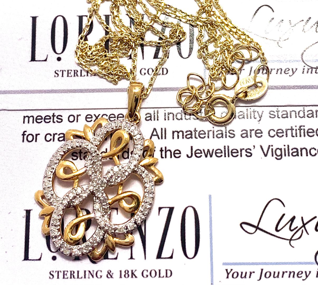 $440 COLORE SG Lorenzo 18K YG & .925 Sterling Silver  60 Genuine Diamonds 0.30ctw Necklace