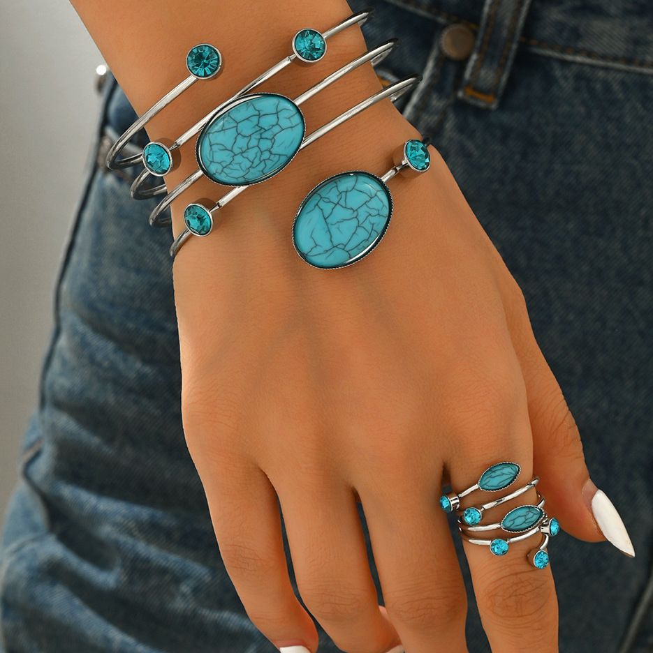 45.00ctw Turquoise & Blue Topaz  Bracelet & Ring Set 18K Gold Overlay