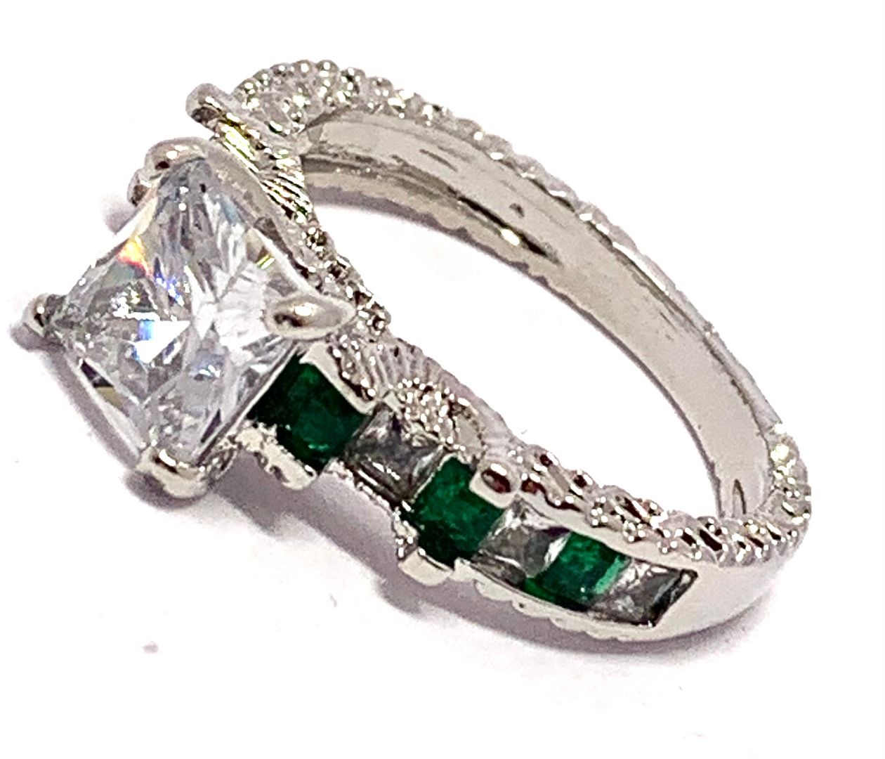 4.50ctw Emerald & Cubic Zirconia 18k White Gold Overlay Bridal Engagement Ring