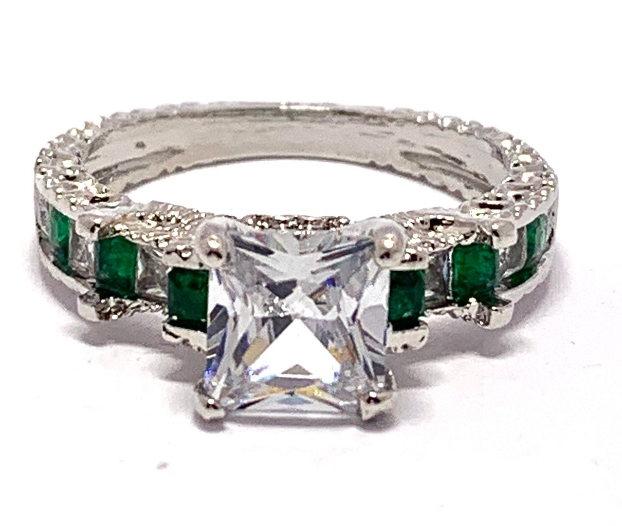 4.50ctw Emerald & Cubic Zirconia 18k White Gold Overlay Bridal Engagement Ring