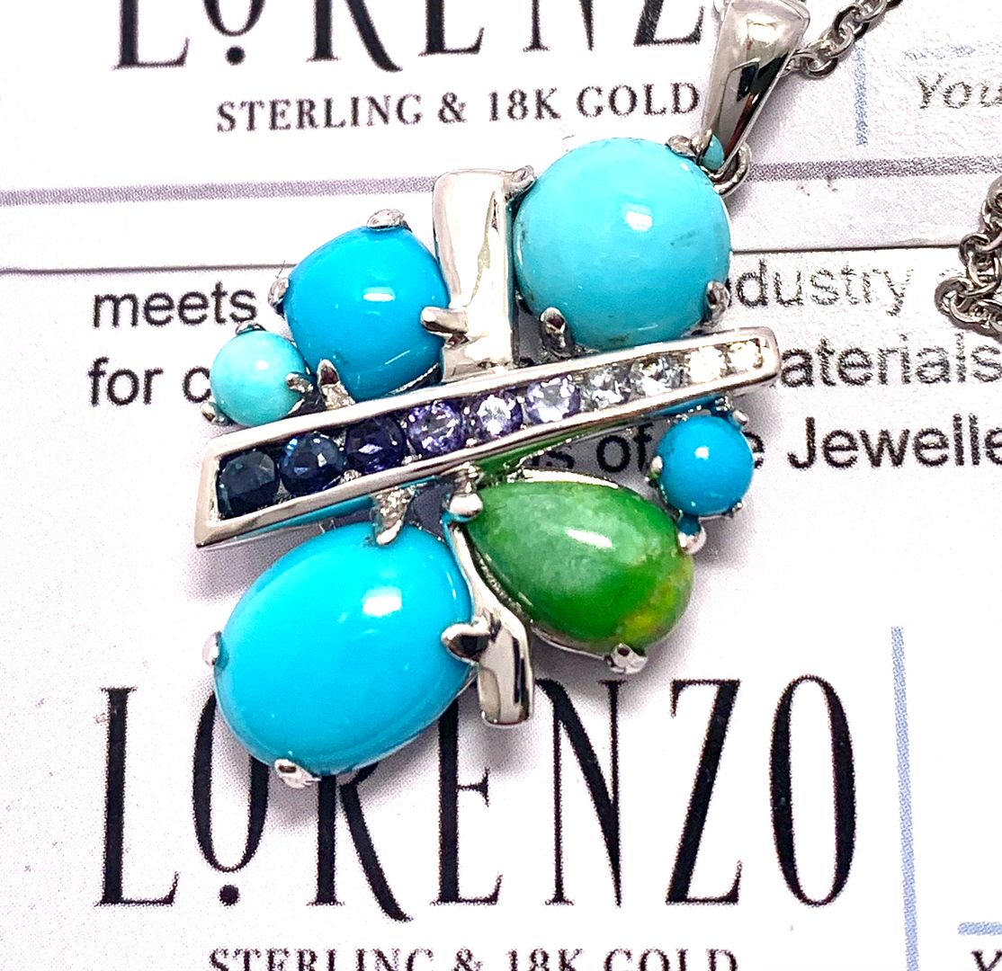 $550 COLORE SG Lorenzo 18K WG & .925 Sterling Silver 7.26ctw Genuine Turquoise & Multicolor Stones Necklace