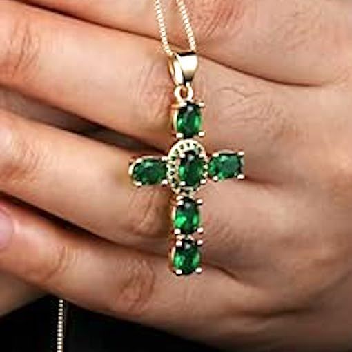 6..00ctw Emerald Cross Necklace 18 Yellow Gold Ovr.