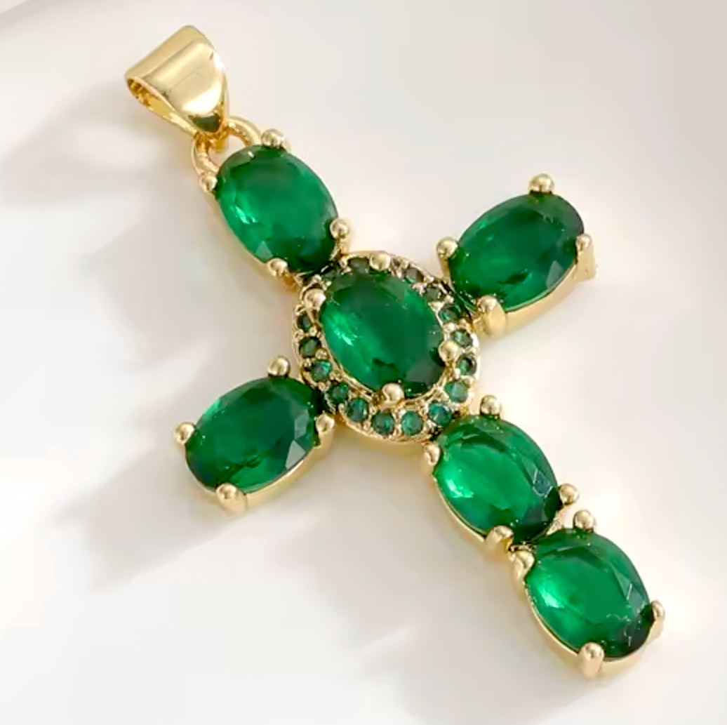 6..00ctw Emerald Cross Necklace 18 Yellow Gold Ovr.