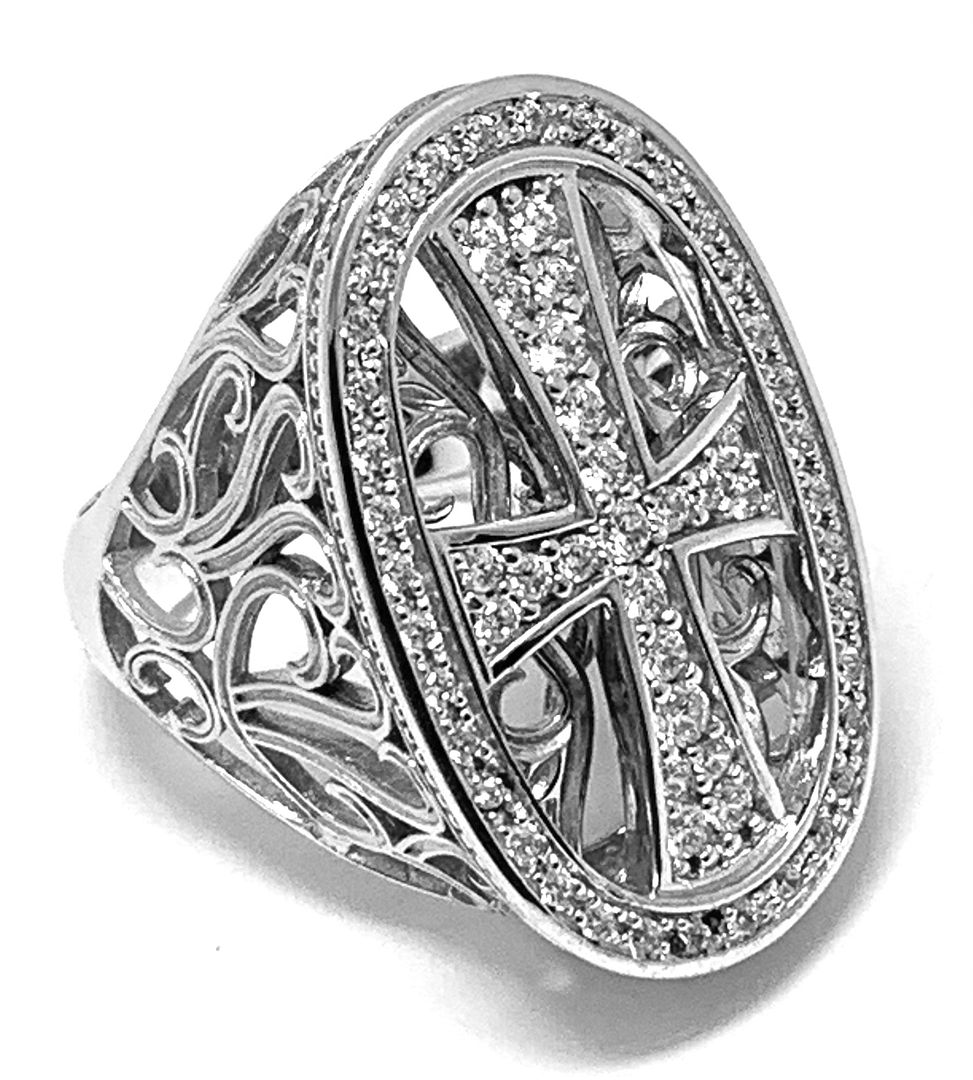 $650 Retail 1.50ctw Moissanite Large Custom Cross Design Ring in 18k WG & .925 Sterling Silver
