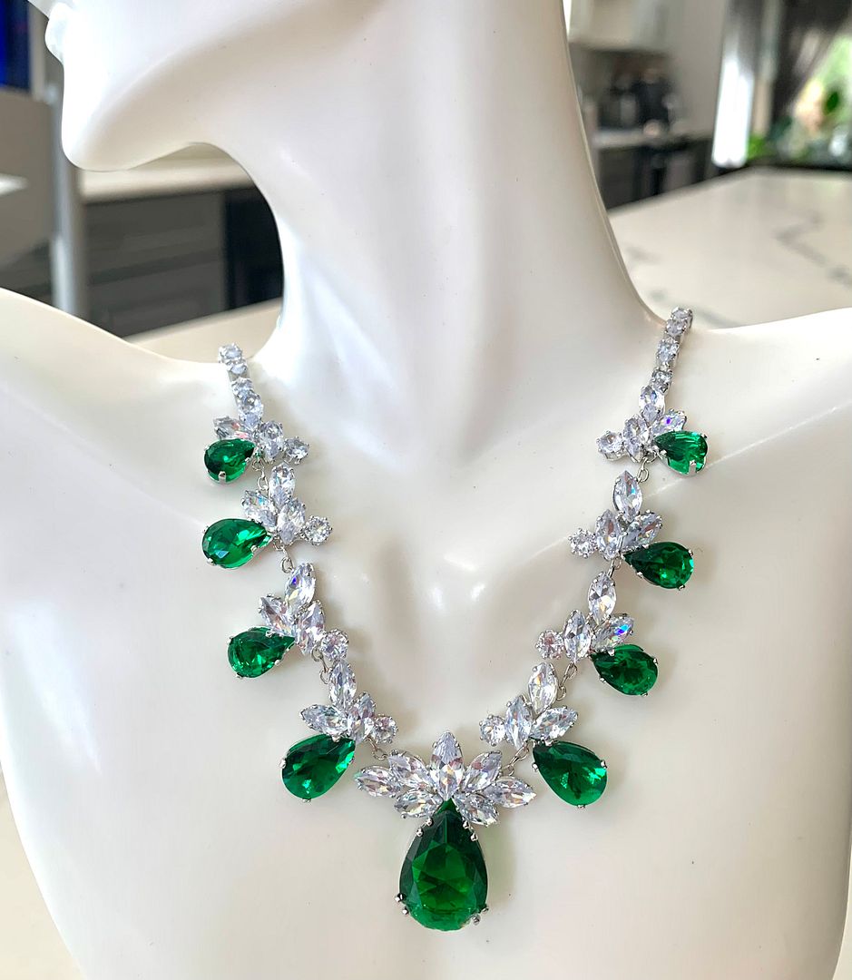 71.00ctw Emerald & CZ 18k White Gold Ovr Statement Necklace 18"
