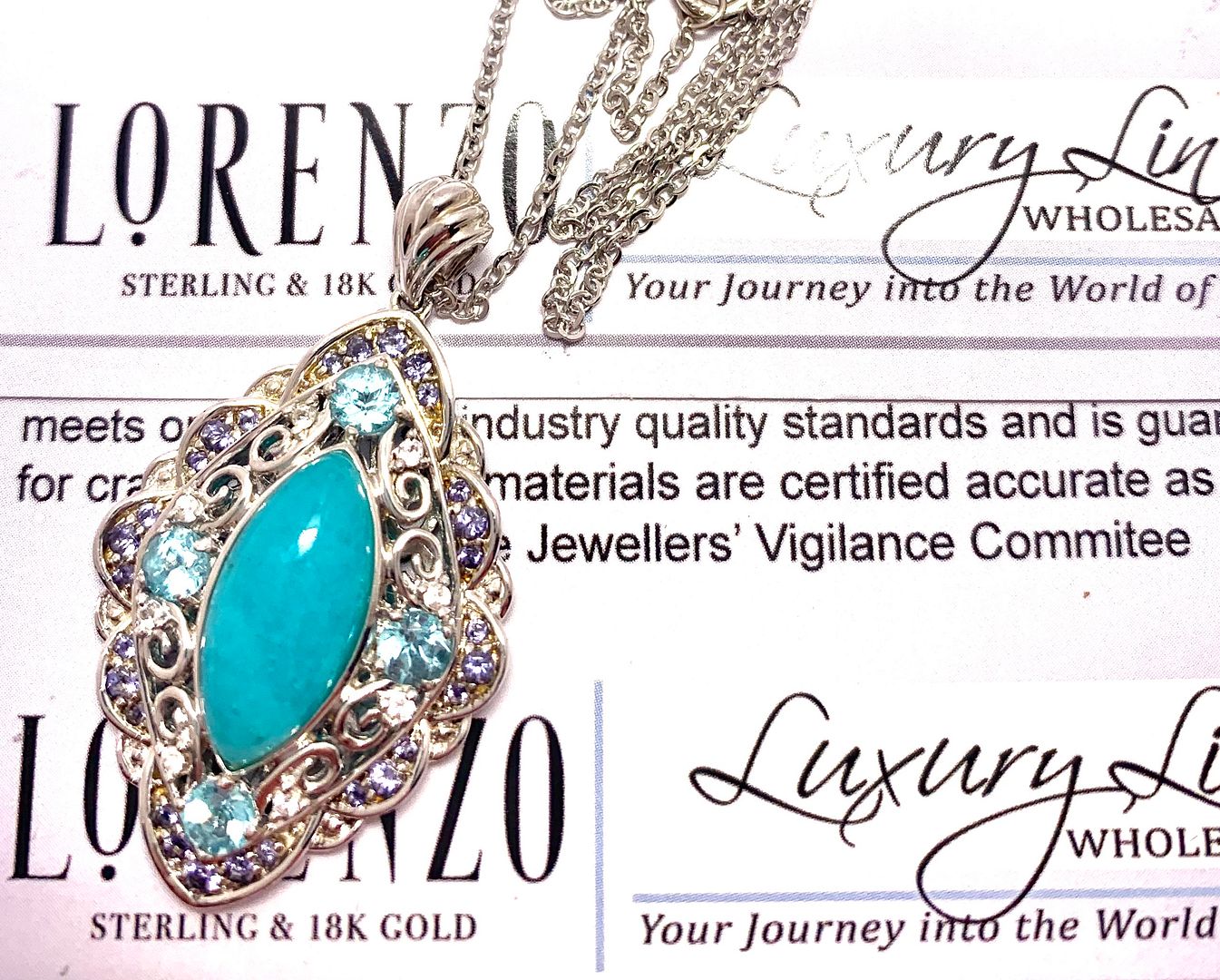 $795 COLORE SG Lorenzo 18K WG & .925 Sterling Silver 4.19ctw Genuine Turquoise & Blue Topaz Necklace