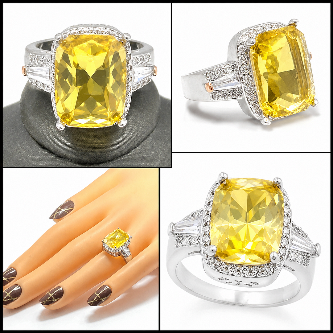 9.05CTW  Yellow & White Topaz Halo Ring 18k Gold Overlay Sz 8 – 5.1g