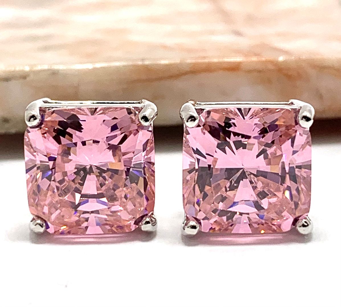 .925 Sterling Silver & 14k Whi.te Gold 13.00 ctw Princess Cut Pink Topaz  Stud Earrings