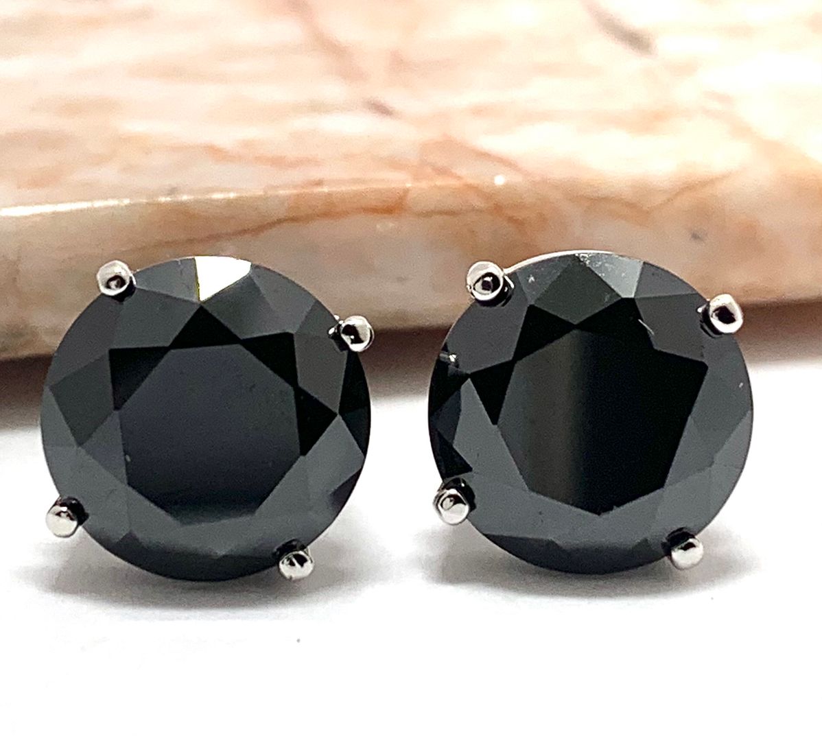 .925 Sterling Silver & 14k Whi.te Gold  15.00 ctw Vivid Black Spinel Stud Earrings