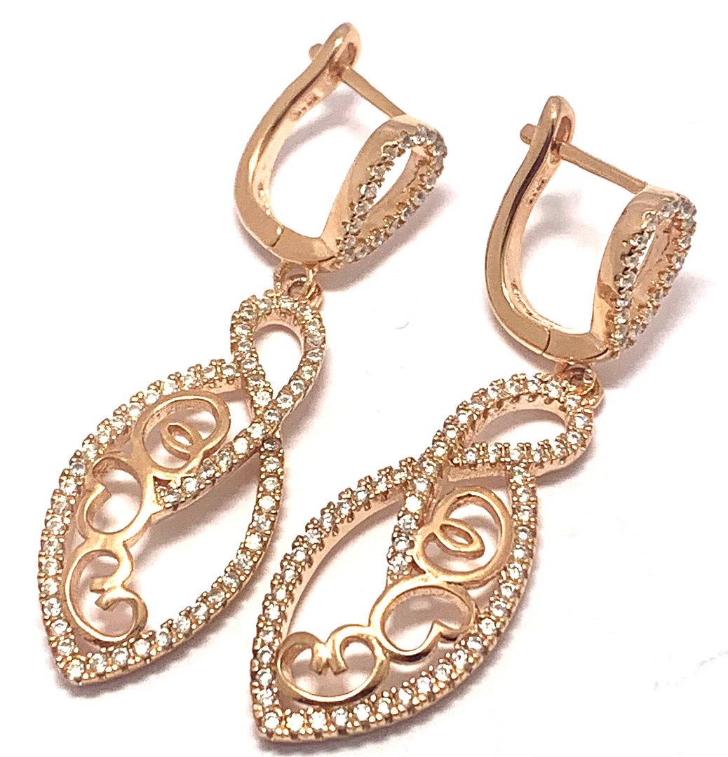 .925 Sterling Silver & 18k Diamonique Diamond Dangle Earrings