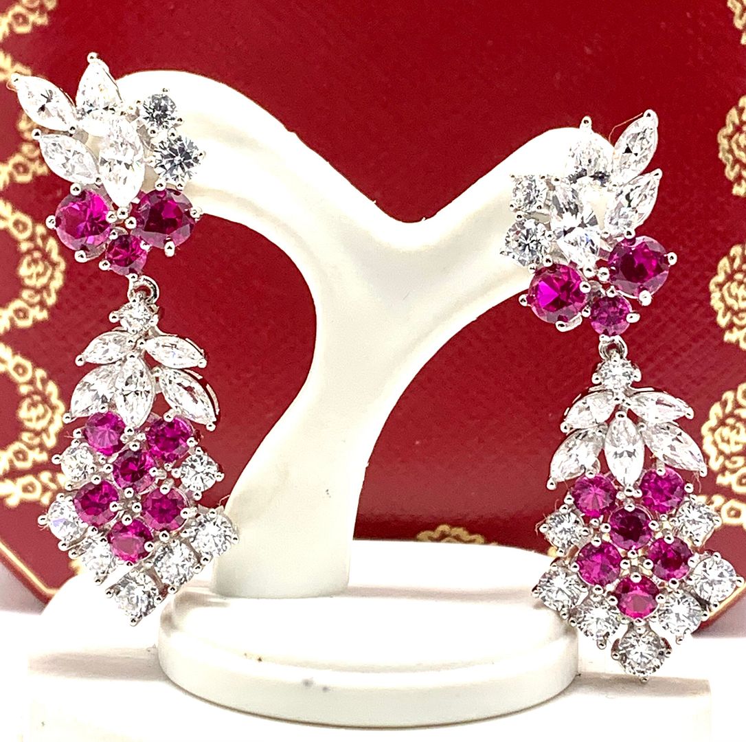 .925 Sterling Silver & 18k Gold Ovr 5.00ctw Ruby & Daimonique Diamond Dangle Earrings