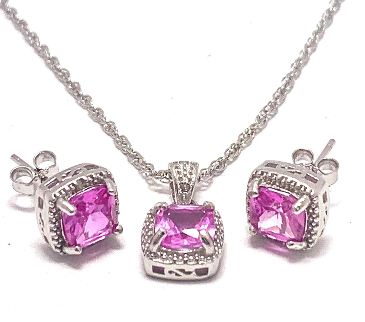 .925 Sterling Silver & 18k White Gold 7.50ctw Pink Topaz Necklace & Earring Set