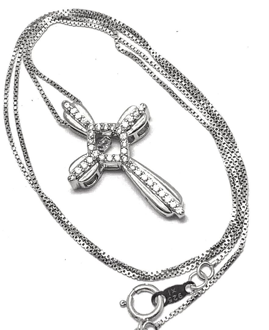 .925 Sterling Silver 18k White Gold Dancing Diamond Design Cross Necklace