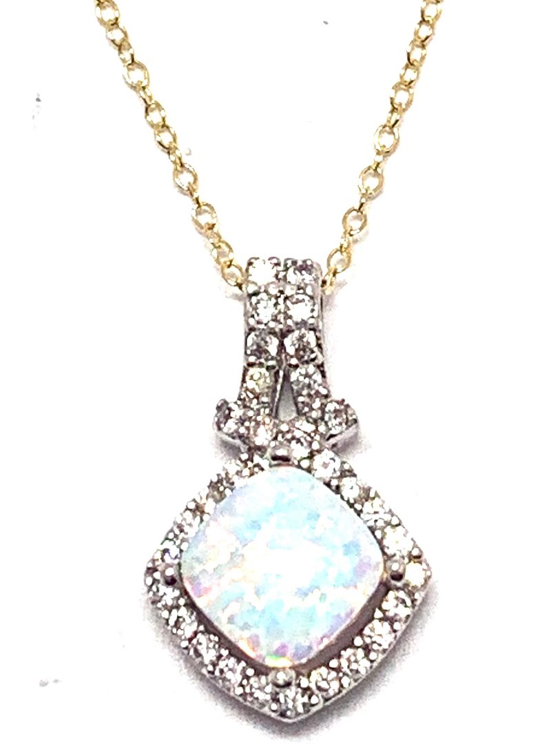 .925 Sterling Silver & 18k Yellow Gold 1.75ctw Opal & Diamonique Diamond Necklace