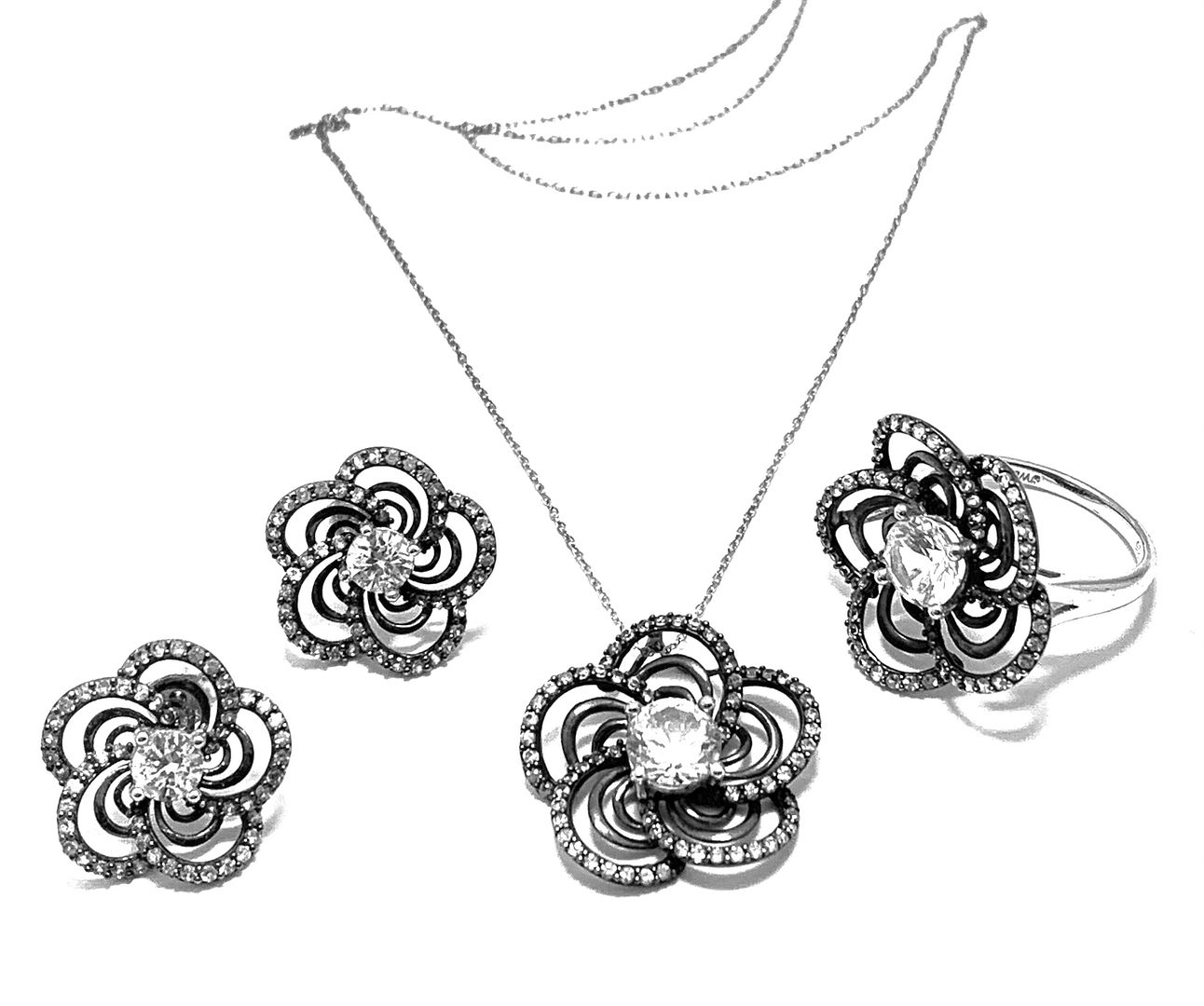 .925 Sterling Silver Antique Design 7.75ctw Diamonique Diamond Set of Ring, Earrings & Necklace