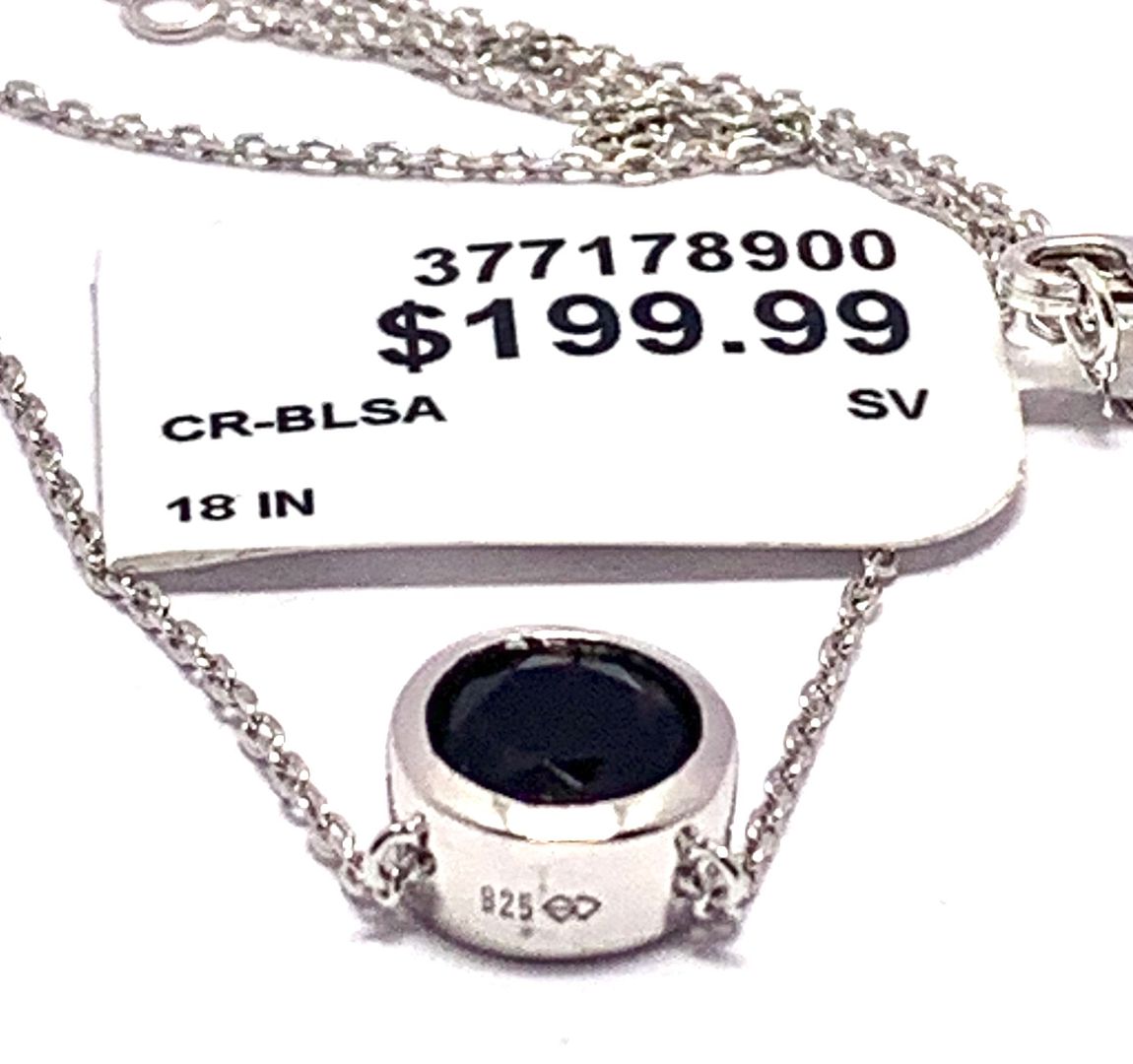 .925 Sterling Silver Bezel Set Solitaire Midnight Blue Sapphire Necklace /18K Gold - $199 Retail