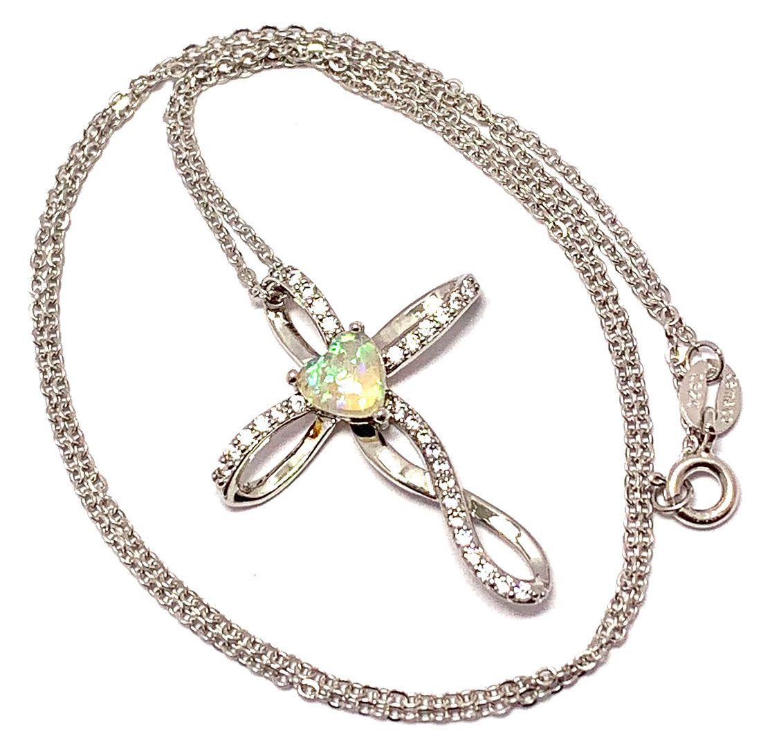 .925 Sterling Silver Chain 1.00ctw Opal  & Diamonique Diamond Cross Necklace