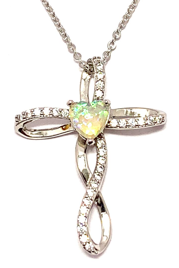 .925 Sterling Silver Chain 1.00ctw Opal  & Diamonique Diamond Cross Necklace