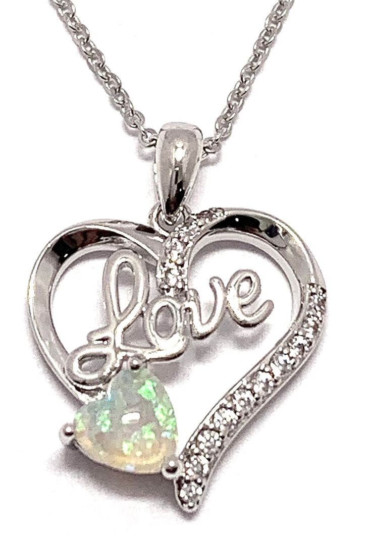 .925 Sterling Silver Chain 1.25ctw Opal & Diamonique Diamond LOVE Heart Necklace