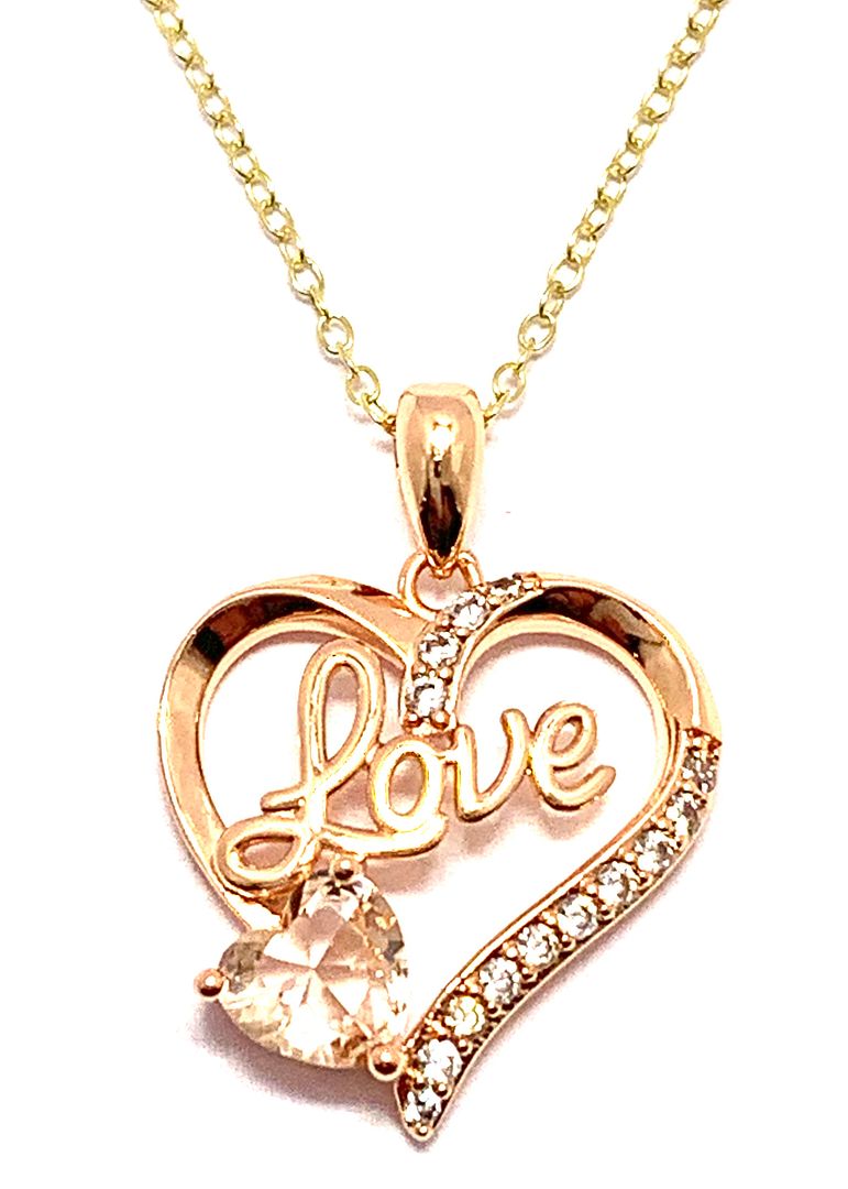 .925 Sterling Silver Chain 1.25ctw Rose Quartz & Diamonique Diamond  LOVE Heart Necklace