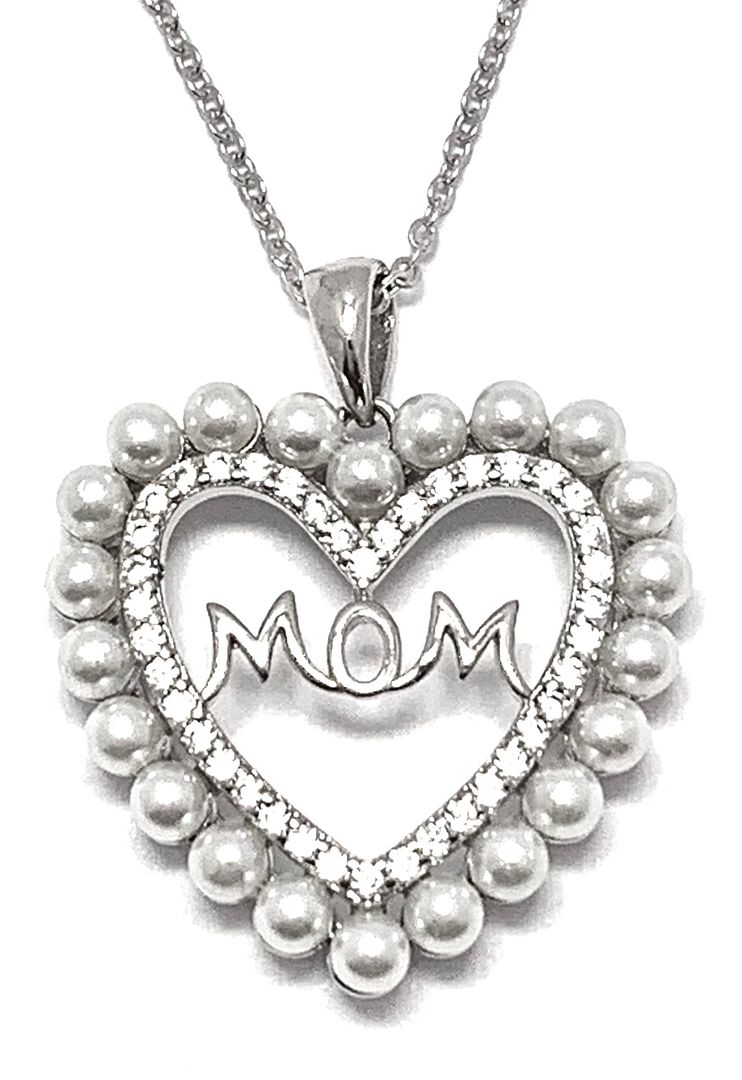 .925 Sterling Silver Chain 22 Opals & 0.75ctw Diamonique Diamond MOM Heart Necklace