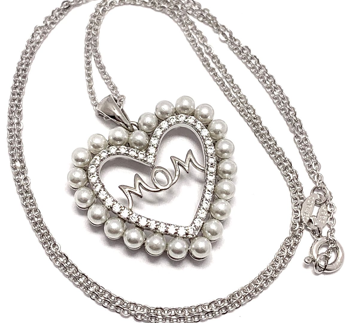 .925 Sterling Silver Chain 22 Pearls & Diamonique Diamond MOM Heart Necklace