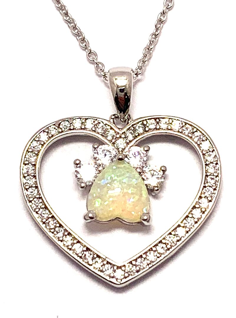 .925 Sterling Silver Chain 3.00 Opal & Diamonique Diamond Heart Necklace