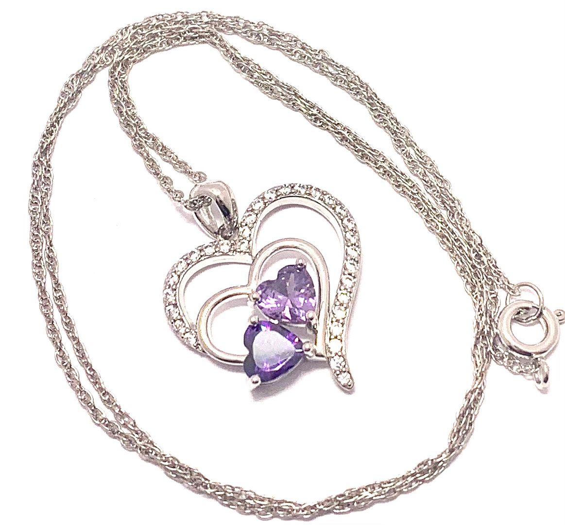 .925 Sterling Silver Chain 3.00ctw Amethyst & Diamonique Diamond Heart Necklace
