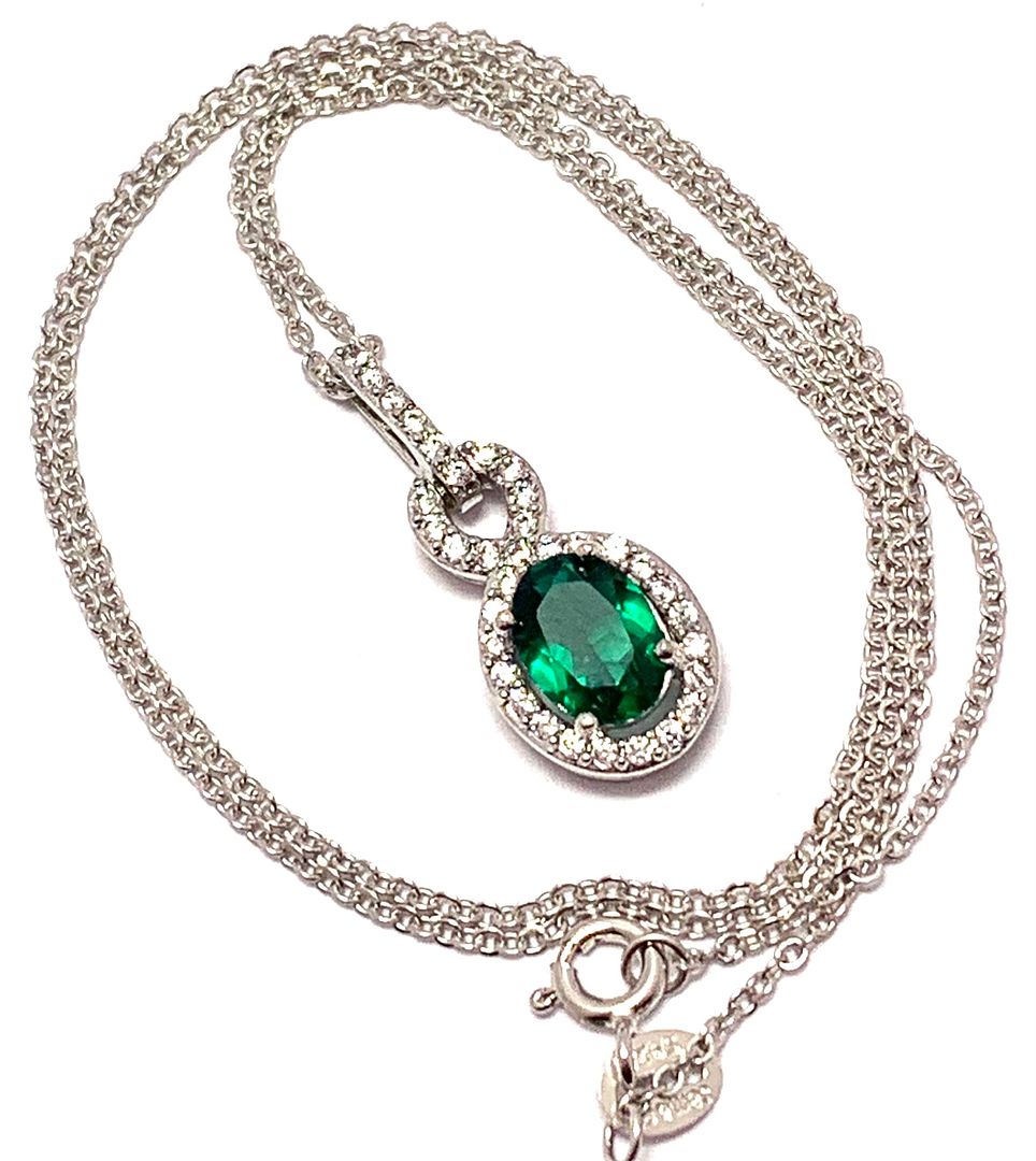 .925 Sterling Silver Chain 3.00ctw Emerald  & Diamonique Diamond Necklace