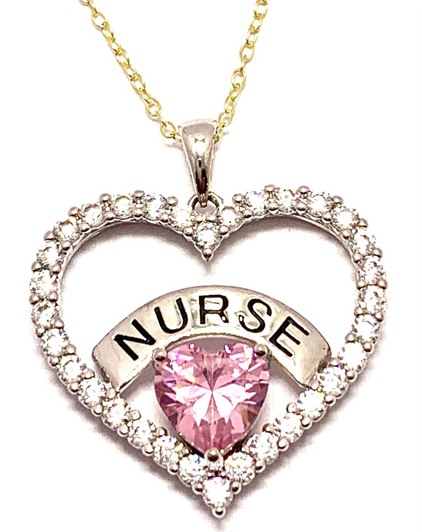 .925 Sterling Silver Chain 3.00ctw Pink Topaz & Diamonique Diamond NURSE Heart Necklace