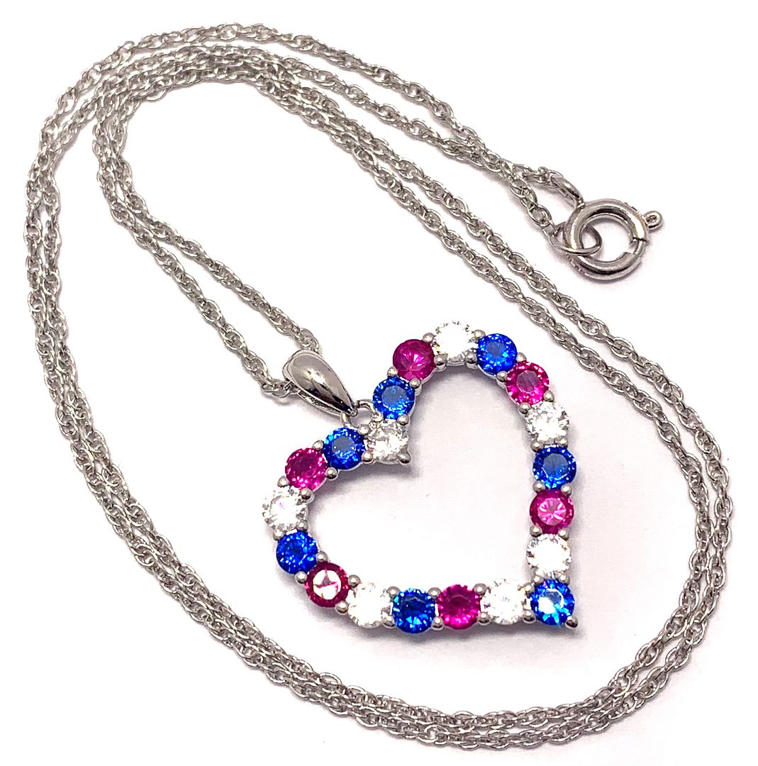 .925 Sterling Silver Chain 3.00ctw Ruby, Sapphire & Diamonique Diamond Heart Necklace