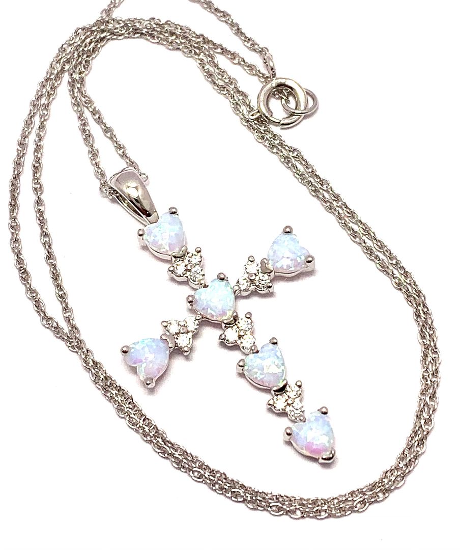 .925 Sterling Silver Chain 4.00ctw Opal & Diamonique Diamond Cross Necklace