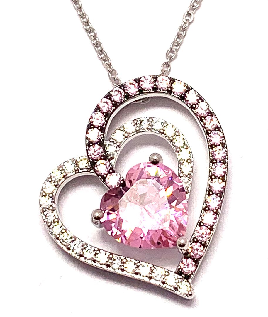 .925 Sterling Silver Chain 6.50ctw Pink Topaz & Diamonique Diamond Heart Necklace