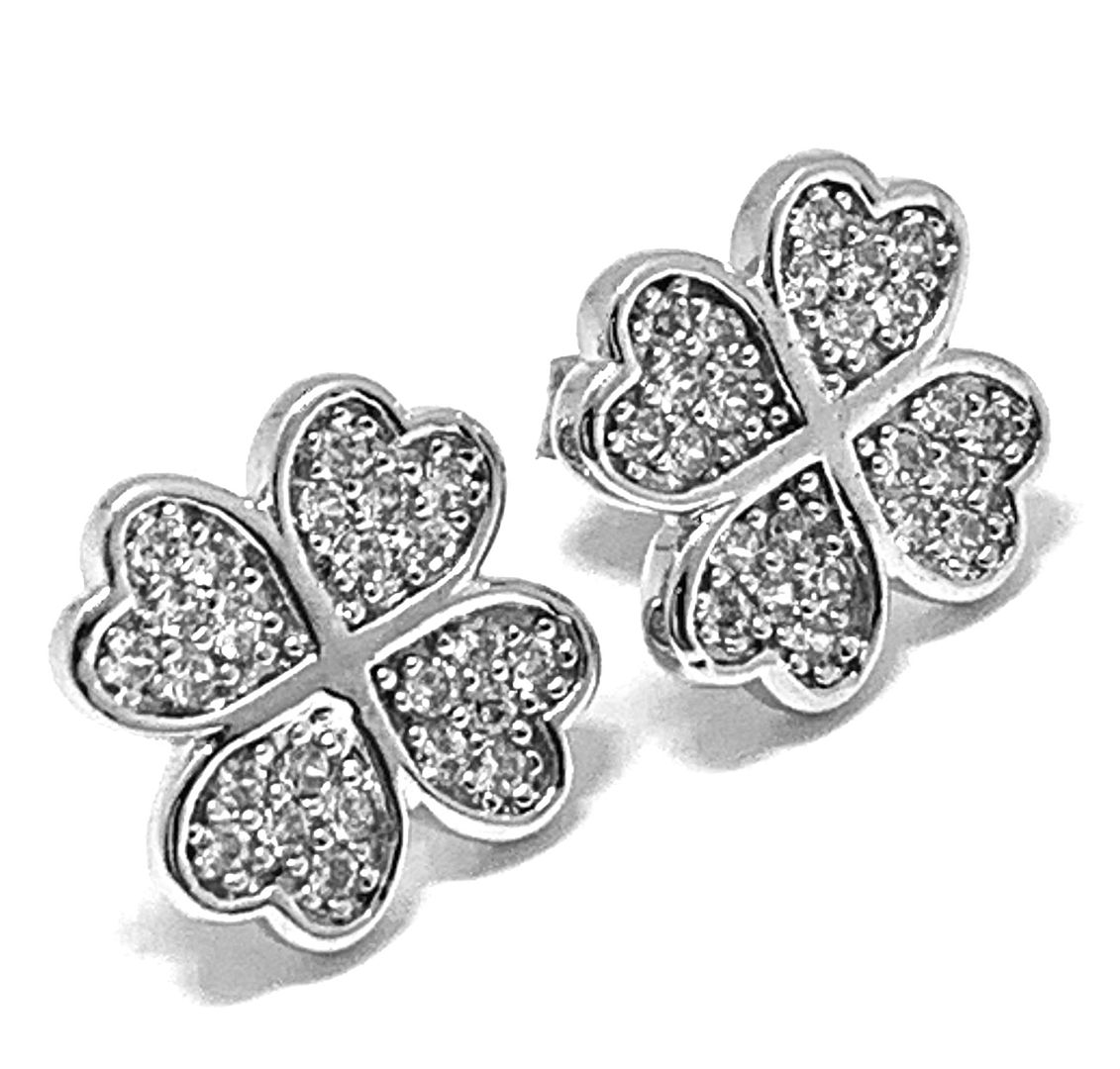 .925 Strerling Silver4 Leaf Clover Diamonique Diamond Stud Earrings