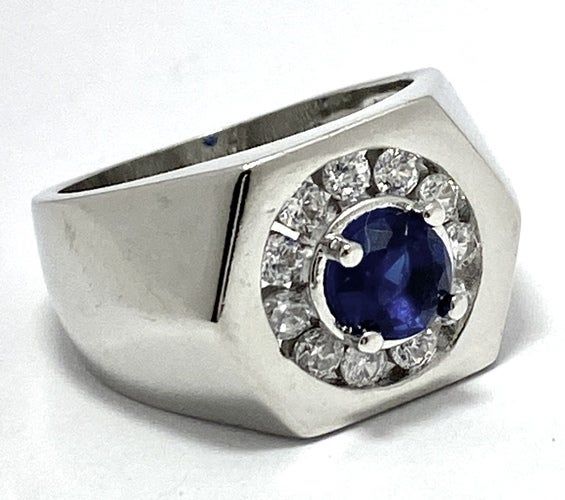 .98CT Blue & White Sapphire Signet Style Ring 18K Gold Overlay Sz 7.5 – 7.6g