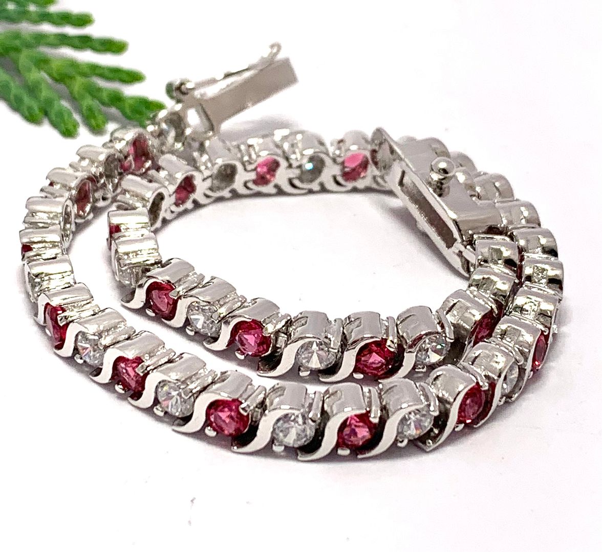 $99 Retail 6.00ctw Ruby & Diamonique Diamonds S-Design Tennis Bracelet 7” Long