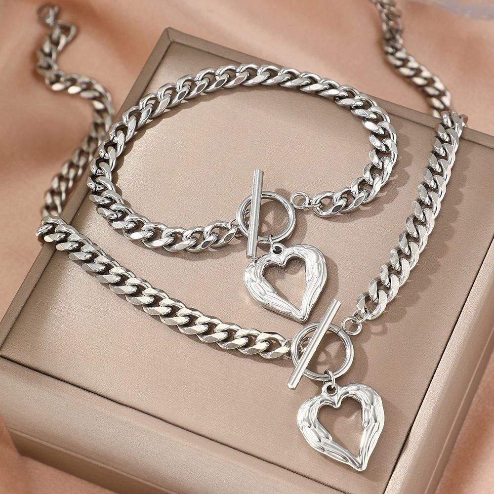 Angel Wing Heart Necklace & Bracelet Set 18K Gold Overlay Toggle Design