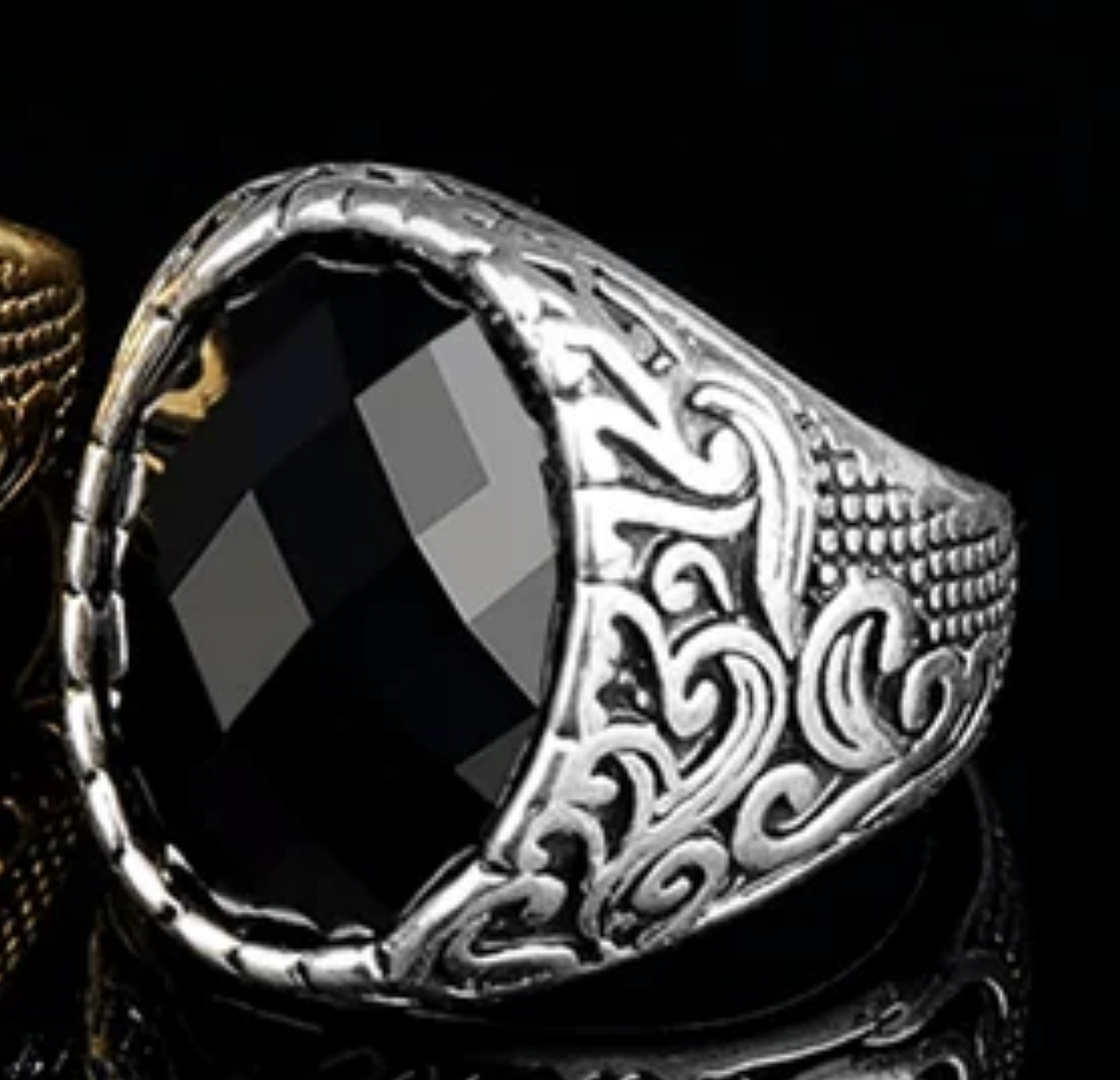 Black Onyx Signet Ring | Vintage Scroll Statement Ring for Men sz10