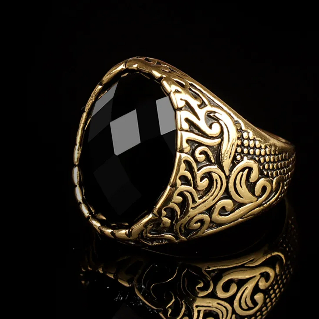 Black Onyx Signet Ring | Vintage Scroll Statement Ring sz10