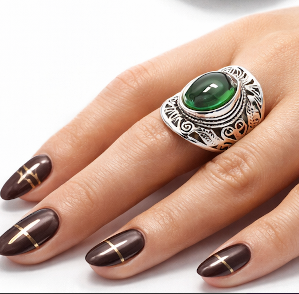 Cabochon Cut Emerald Ring Antique Design 18k Gold Overlay