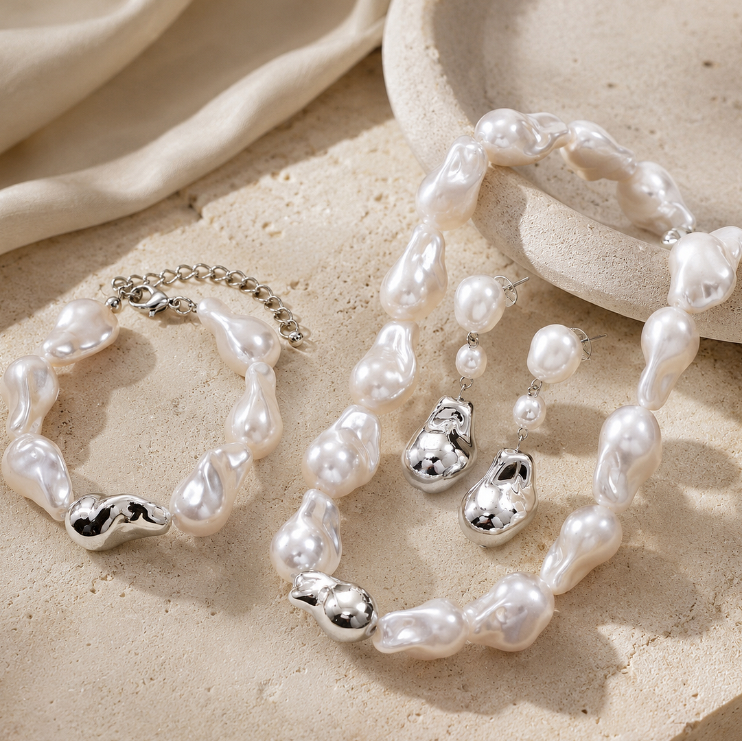 Chunky Baroque Pearl Necklace,Bracelet,Earring Set