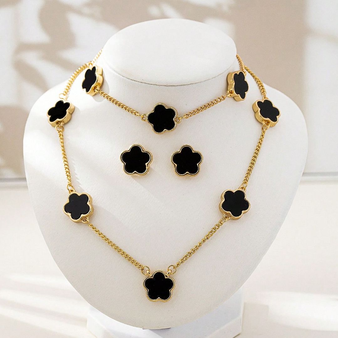 Designer Inspired 18K Gold Overlay White Enamel Necklace. Bracelet & Earrings Set