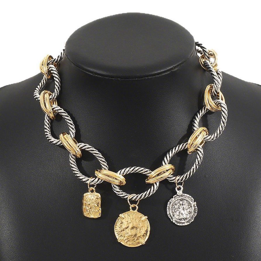 Designer Inspired  18k Two Tone Gold Overlay Large Coin  Necklace